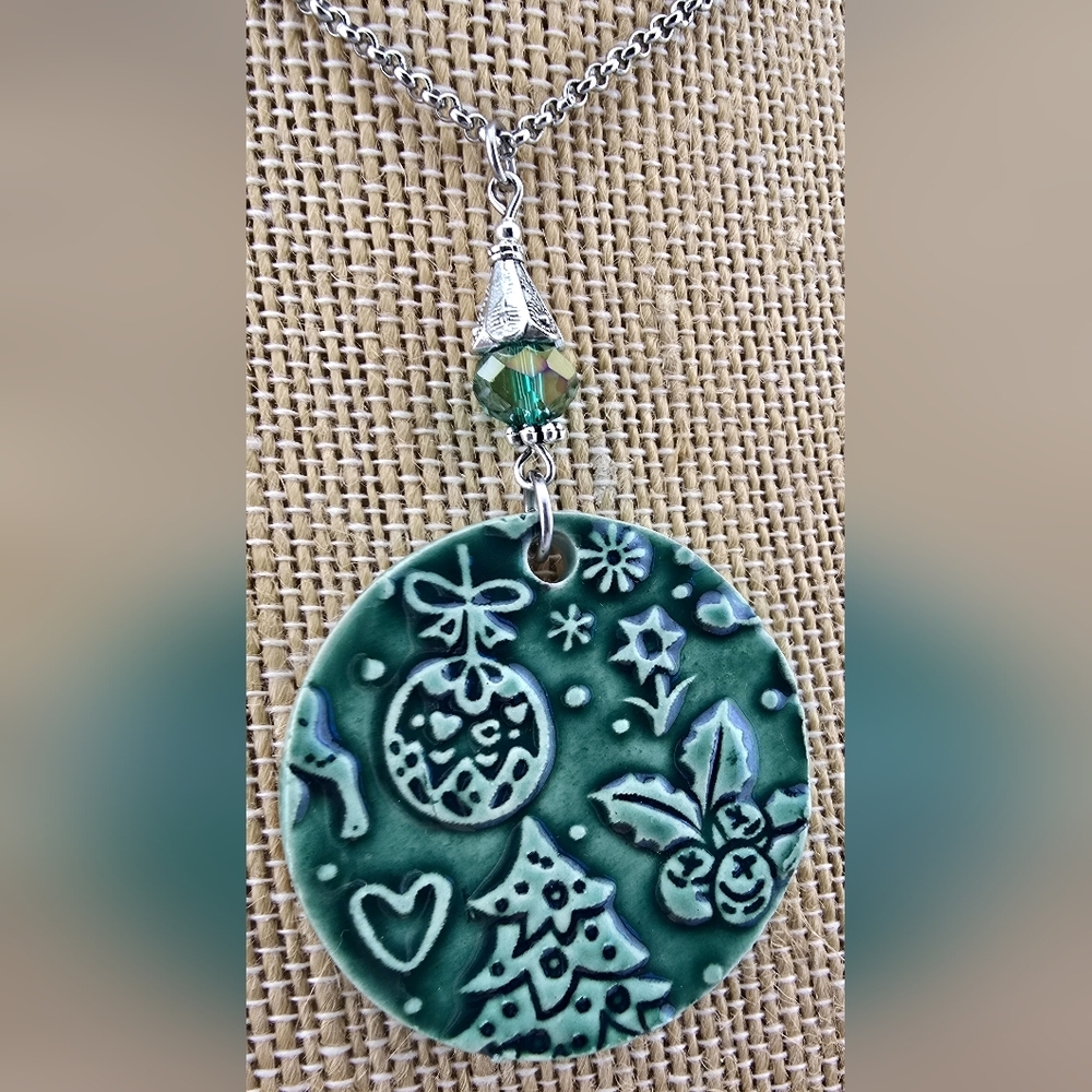 Handmade Kiln Fired Ceramic Green Christmas Pendant Necklace - Picture 3 of 4